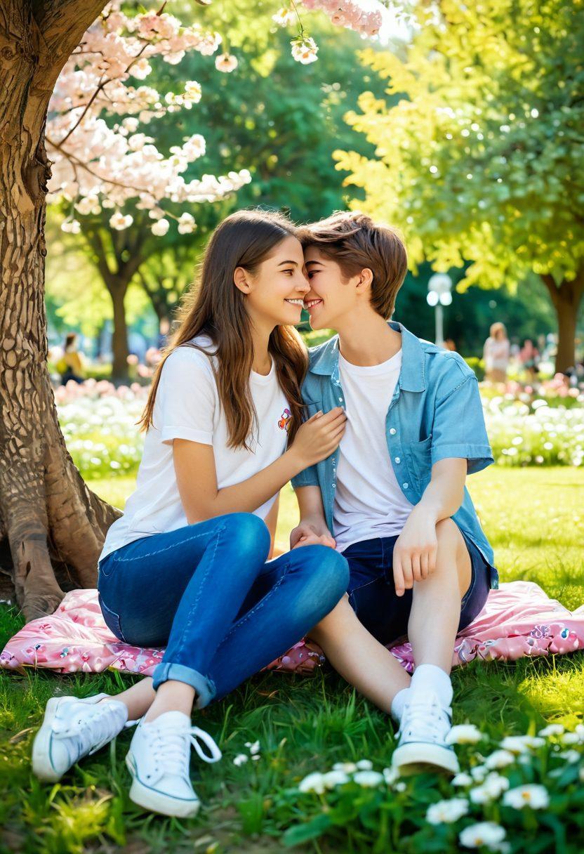 A warm and inviting scene depicting two teenagers happily chatting and sharing secrets in a sun-drenched park, surrounded by blooming flowers and trees. Include subtle elements like heart-shaped doodles floating around them, symbolizing friendship and affection. Capture their bright smiles and relaxed postures, showcasing trust and bonding in their relationship. pastel colors. cheerful vibe. soft focus.