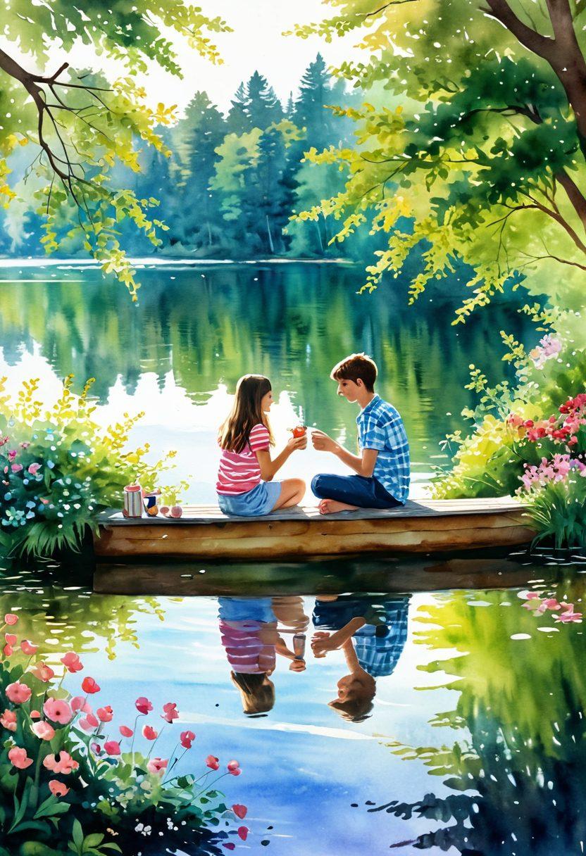 A whimsical scene depicting two teenagers sitting by a tranquil lake, sharing laughter and ice cream cones, surrounded by blooming flowers and vibrant greenery. Soft sunlight filters through the trees, casting a warm glow on their happy faces. Incorporate elements of young love, such as heart-shaped bubbles floating in the air. The overall mood should be joyful and romantic, capturing the essence of youthful relationships. watercolor illustration. bright colors. peaceful setting.