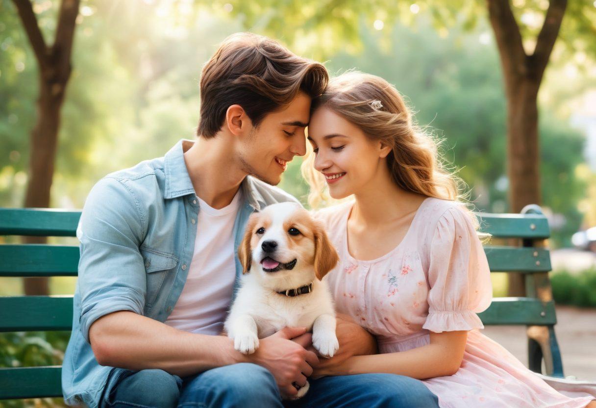 A warm and heartfelt scene depicting a young couple sitting on a park bench, surrounded by playful puppies frolicking around them. Soft sunlight filters through the trees, creating a dreamy atmosphere filled with pastel colors. The young couple shares a tender moment, their expressions reflecting a mix of innocence and budding romance. In the background, a whimsical skyline hints at an urban environment, symbolizing the journey of young love. watercolors. soft focus. ethereal glow.